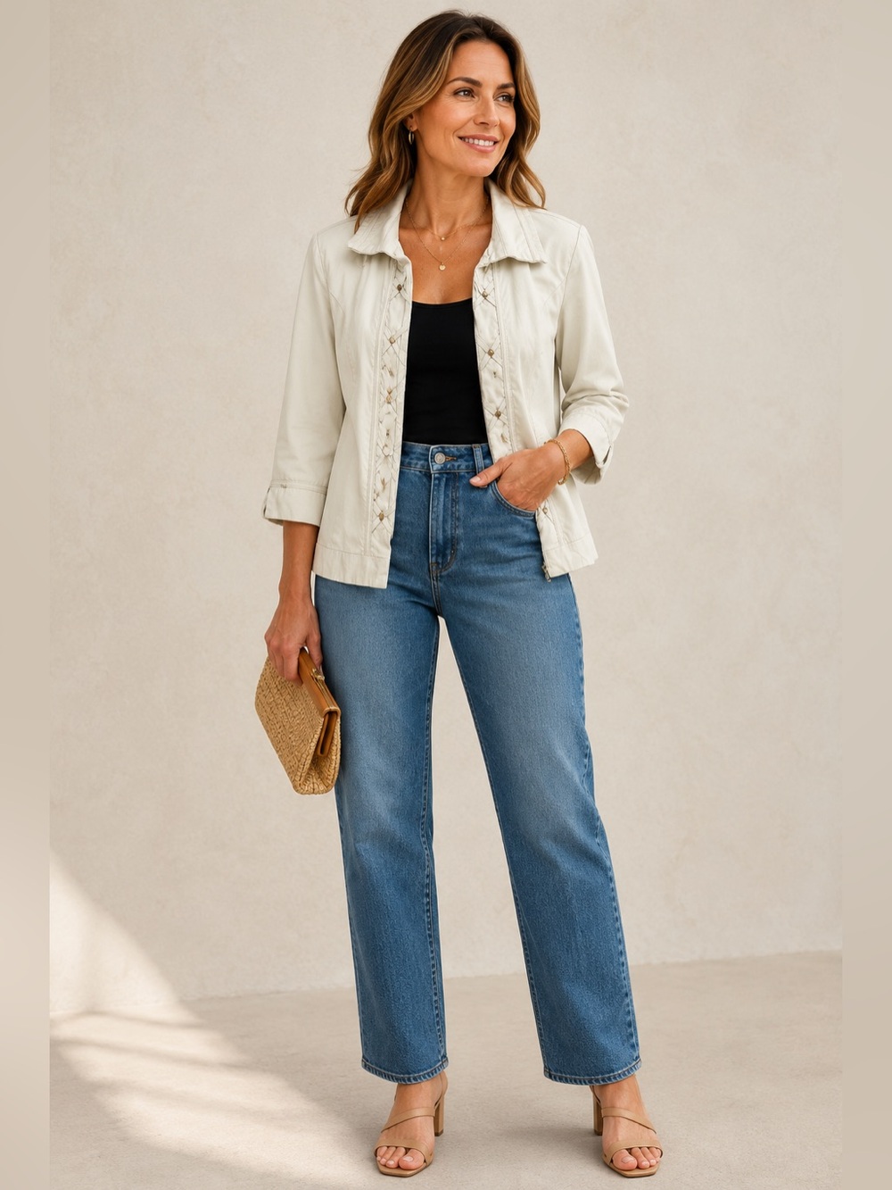 Christopher & Banks Ivory Embellished Open-Front Jacket | Size Medium